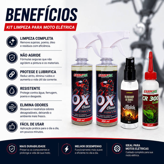 Kit Limpeza Moto Elétrica 2 OX Clean Moto + 1 bloqueador Malak +1 Cr 300