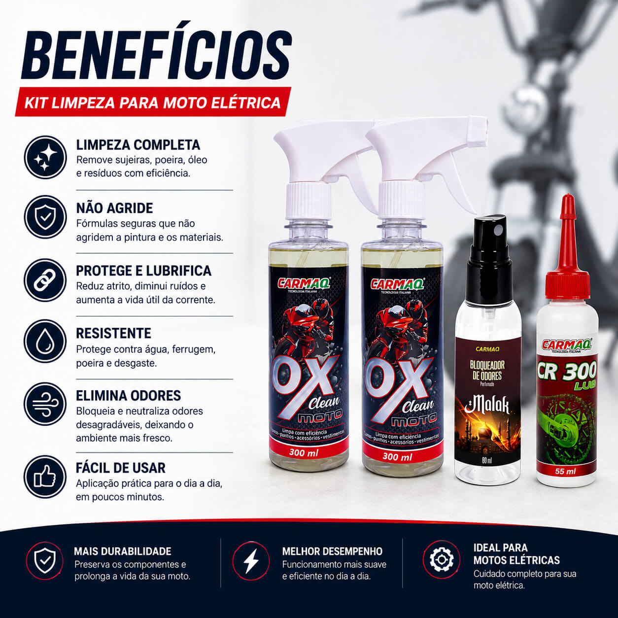Kit Limpeza Moto Elétrica 2 OX Clean Moto + 1 bloqueador Malak +1 Cr 300