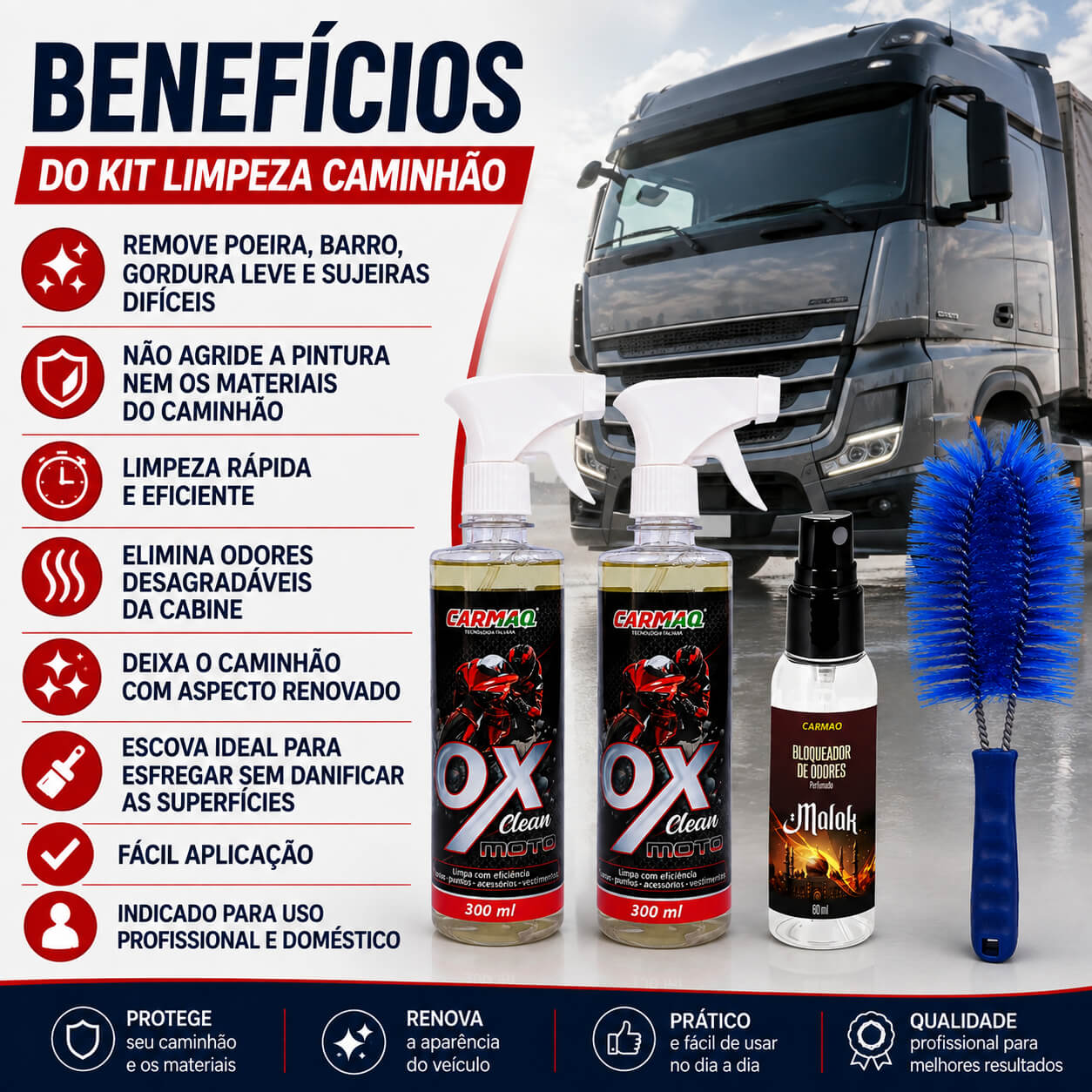 Kit Caminhão 2 Ox Clean + Bloqueador Malak + Escova