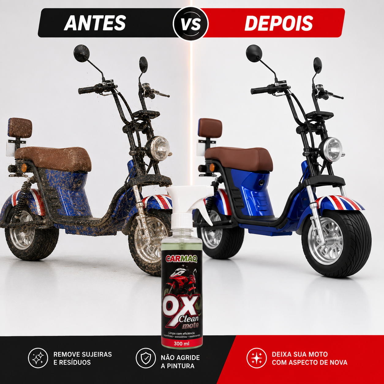 Kit Limpeza Moto Elétrica 2 OX Clean Moto + 1 bloqueador Malak +1 Cr 300